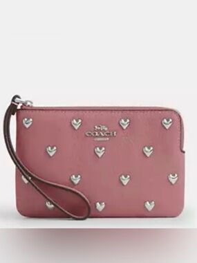 💗Coach NWT Peony Pink Corner Zip Wristlet With Silver Heart Rivets and Hardware